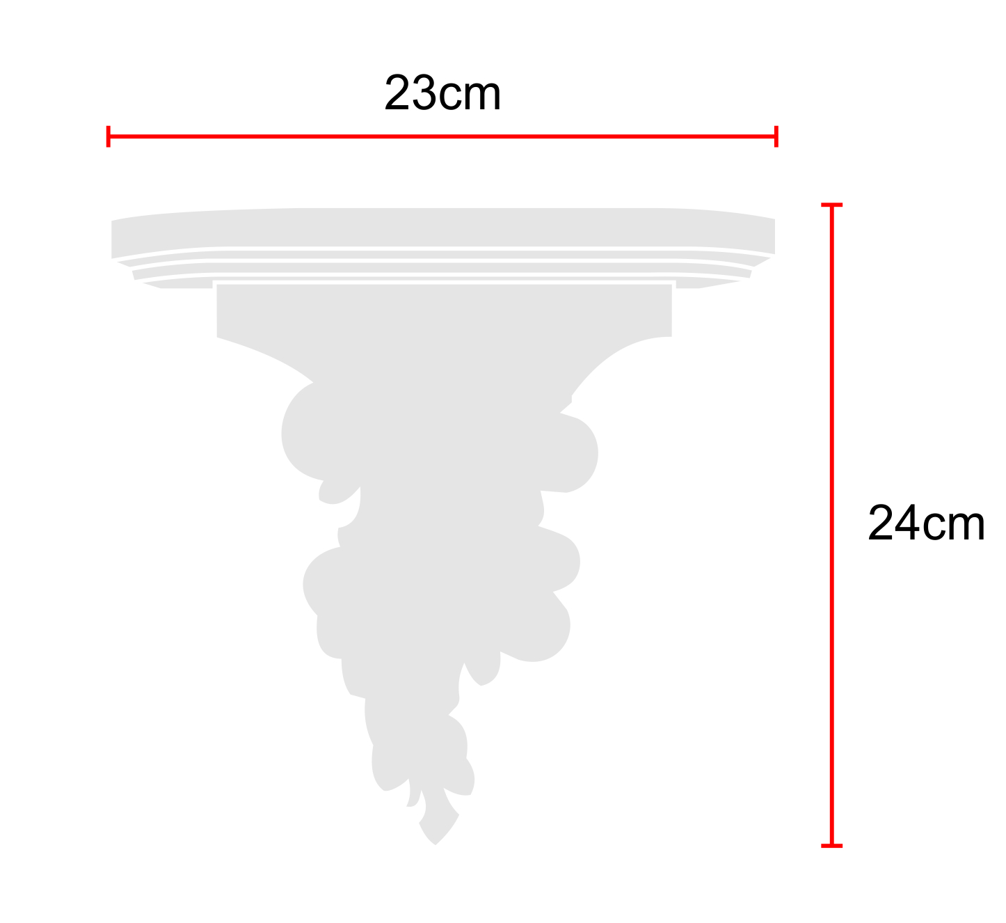 foto con las dimensiones un ACCESORIO DECORATIVO para vela elaborado a mano - ILUMINARTE &reg;: Repisa Tallada en Madera: ALTO: 24cm - ANCHO: 23cm / photograph with the dimensions of a handmade decorative accessorie for candle - carved wooden wall shelf 1: height: 24cm - width: 23cm