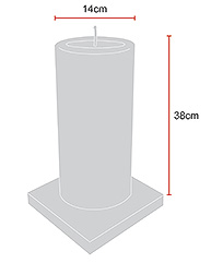 foto con las dimensiones de una vela de ILUMINARTE ® ALTURA: 38cm - DIÁMETRO: 14cm / photograph with the dimensions of a candle: height: 38cm - diameter: 14cm